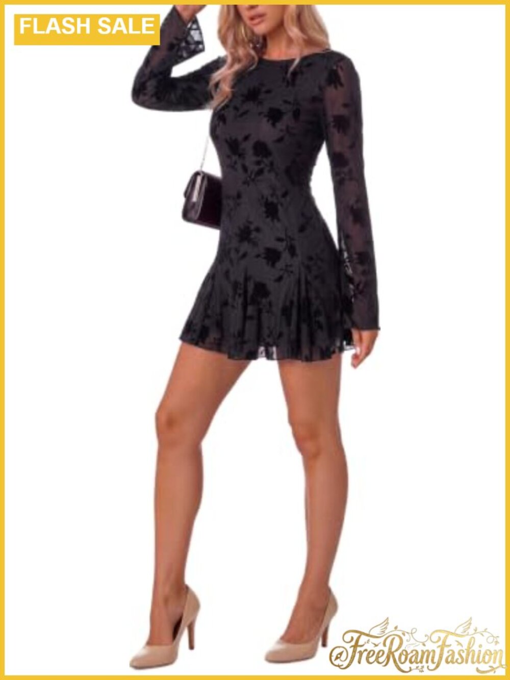 Womens Floral Jacquard Long Sleeve Mini Dress A-Line Party